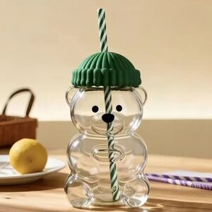 Glass Bear Cup With Beanie Hat Lid and Straw 🐻